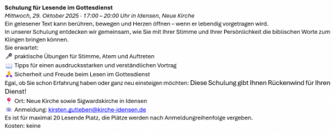 Lesetraining in Idensen - praktische Übungen für Stimme, Atmung und Auftreten - Anmeldung über kirsten.gutleben@kirche-idensen.de